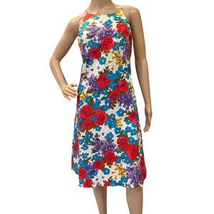 Mary Bays Victoria Royal A-Line Vibrant Floral Halter Dress Sequins Cotton Sz 8